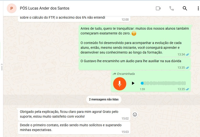 Mensagem de aluno da pós elogiando o suporte e dizendo estar muito satisfeito