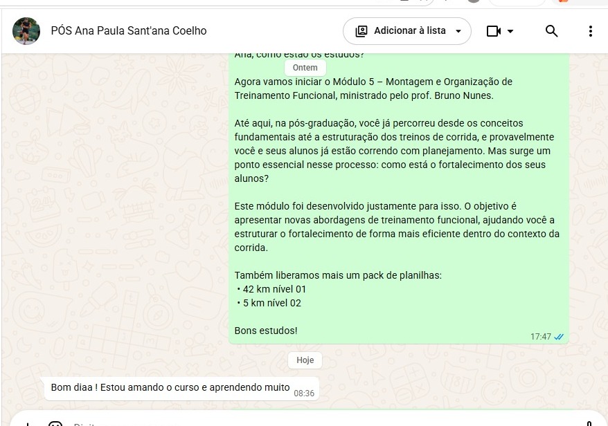 Mensagem de aluna da pós: “Estou amando o curso e aprendendo muito”